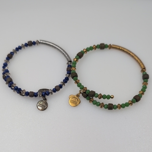 Alex and Ani Blue and Green Beaded Bracelets with Metallic Accents - Picture 1 of 5